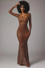 Sheer Embellished Long Sleeve Evening Gown in Mocha