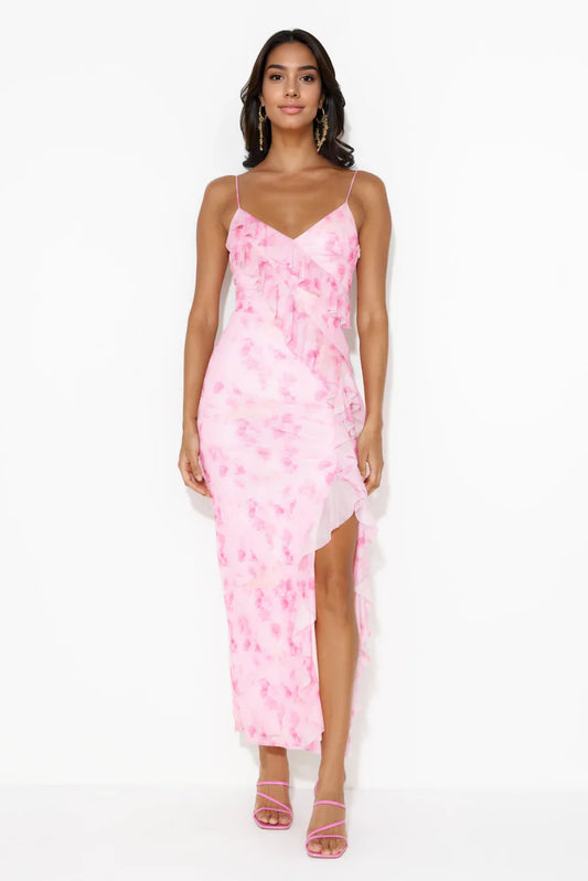 Loving Fun Vibes Frill Mesh Maxi Dress Pink