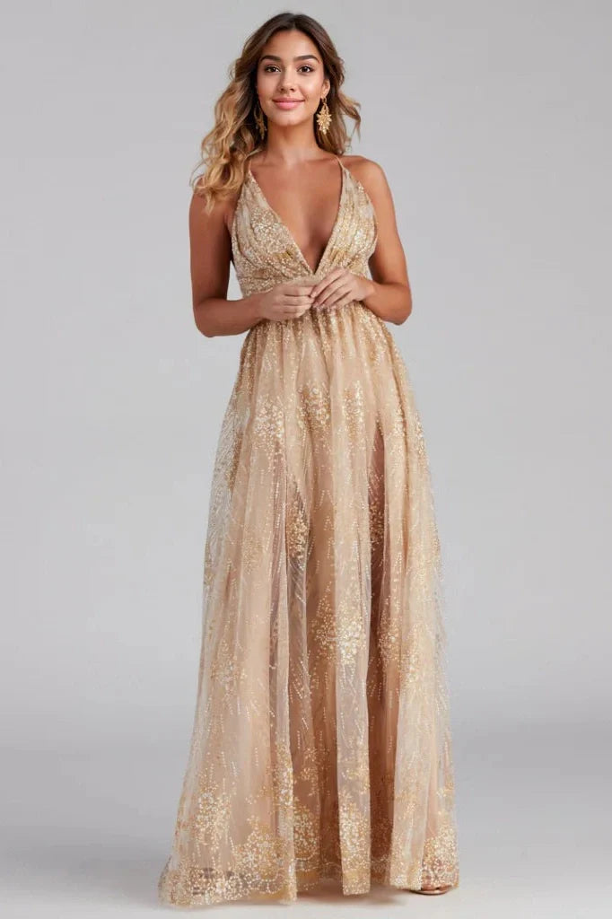 Formal Plunging Glitter Dress