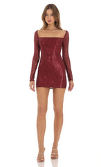 Sequin Long Sleeve Bodycon Dress in Red