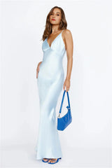 Nights Under Stars Satin Maxi Dress Light Blue