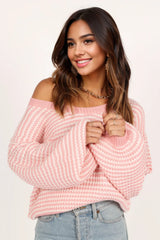 Becca Crewneck Waffle Stitch Stripe Knit Sweater - Pink