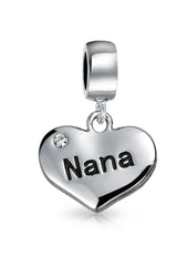 Grandma Mother Word Heart Shape Dangle Bead Charm Sterling Silver