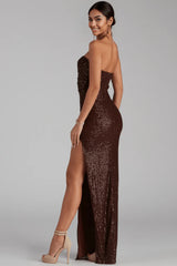 Sorella Sequin Wrap Slit Formal Dress