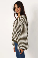 Becca Crewneck Waffle Stitch Stripe Knit Sweater - Olive