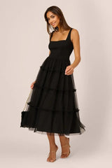 Sleeveless Midi Dress With Square Neck And Tiered Skirt In Black