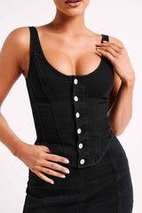 Corset Denim Top - Washed Black