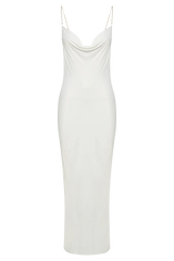 Cowl Midi Dress With Pearl Trim - White