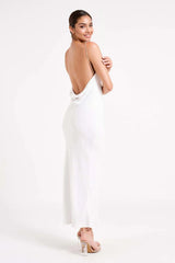 Cowl Midi Dress With Pearl Trim - White