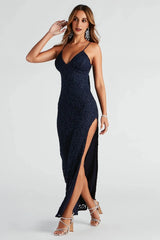 Marylou Lace Mesh Plunge Neck Formal Dress