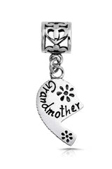 Grandma Mother Word Heart Shape Dangle Bead Charm Sterling Silver