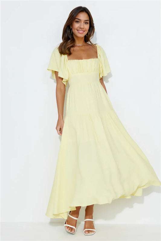 Summertime Heat Puff Sleeve Maxi Dress Yellow