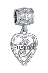 Grandma Mother Word Heart Shape Dangle Bead Charm Sterling Silver