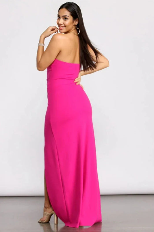 April Front Slit Strapless Crepe Dress