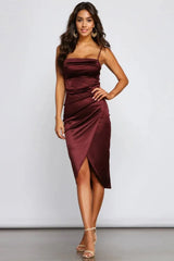 Formal Satin Wrap Midi Dress