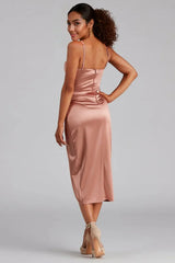 Formal Satin Wrap Midi Dress