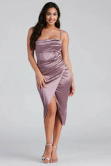 Formal Satin Wrap Midi Dress