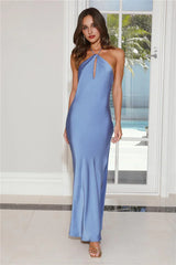 Admired From All Angles Satin Halter Maxi Dress Blue