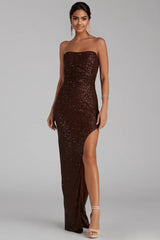 Sorella Sequin Wrap Slit Formal Dress