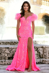 Ava Presley 38892 Long Fitted Prom Dress Sequin Lace Off the Shoulder Feather Slit Skirt Train