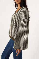 Becca Crewneck Waffle Stitch Stripe Knit Sweater - Olive