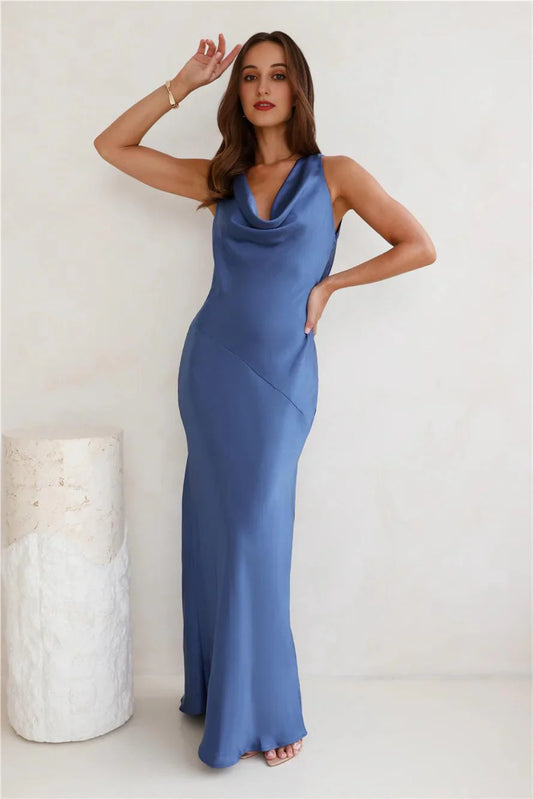 Seen For You Cowl Neck Satin Maxi Dress Navy