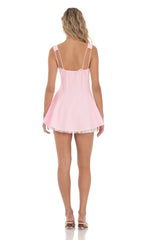 Bow Strap Shimmer Ruffle Dress in Pink