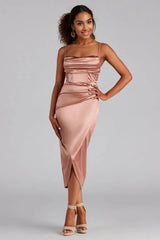 Formal Satin Wrap Midi Dress