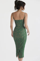 Vintage Eyelash Sweetheart Bodycon Lace Cocktail Midi Dress - Green