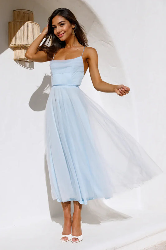 Signal My Way Tulle Midi Dress Blue