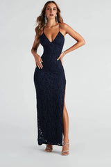 Marylou Lace Mesh Plunge Neck Formal Dress