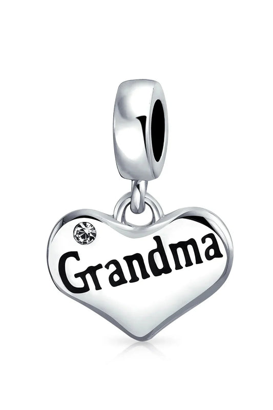 Grandma Mother Word Heart Shape Dangle Bead Charm Sterling Silver