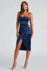 Formal Satin Wrap Midi Dress