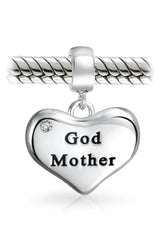 Grandma Mother Word Heart Shape Dangle Bead Charm Sterling Silver