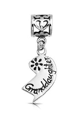 Grandma Mother Word Heart Shape Dangle Bead Charm Sterling Silver