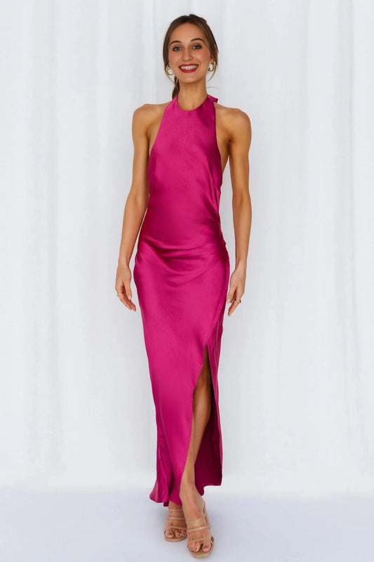 Light Minds Satin Midi Dress Fuchsia