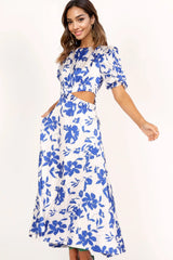 Puff Sleeve Dress - Blue Floral