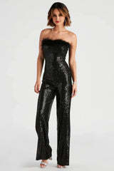 Always Fabulous Feather-Trim Sequin Jumpsuit