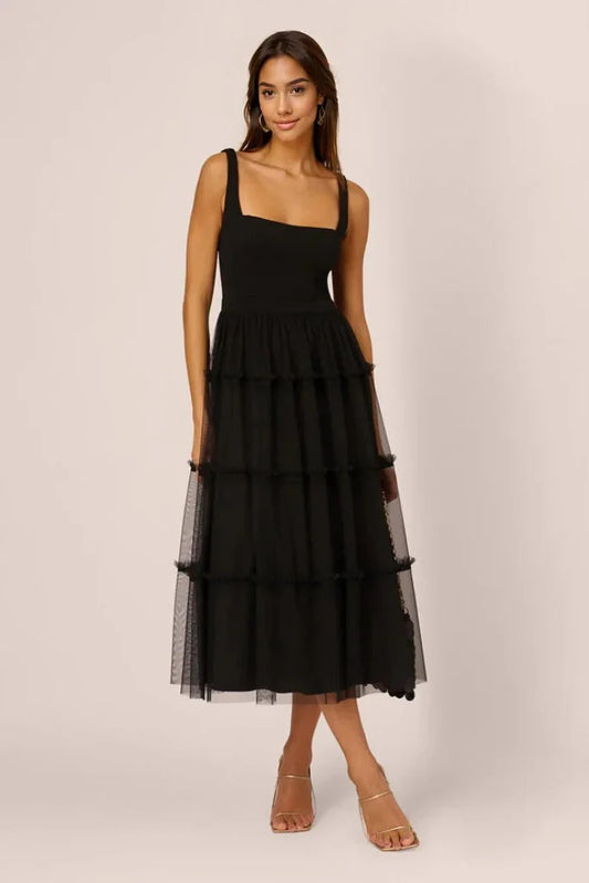 Sleeveless Midi Dress With Square Neck And Tiered Skirt In Black