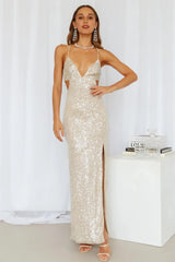 Glistening Skies Maxi Dress Beige Sequins