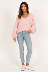 Becca Crewneck Waffle Stitch Stripe Knit Sweater - Pink