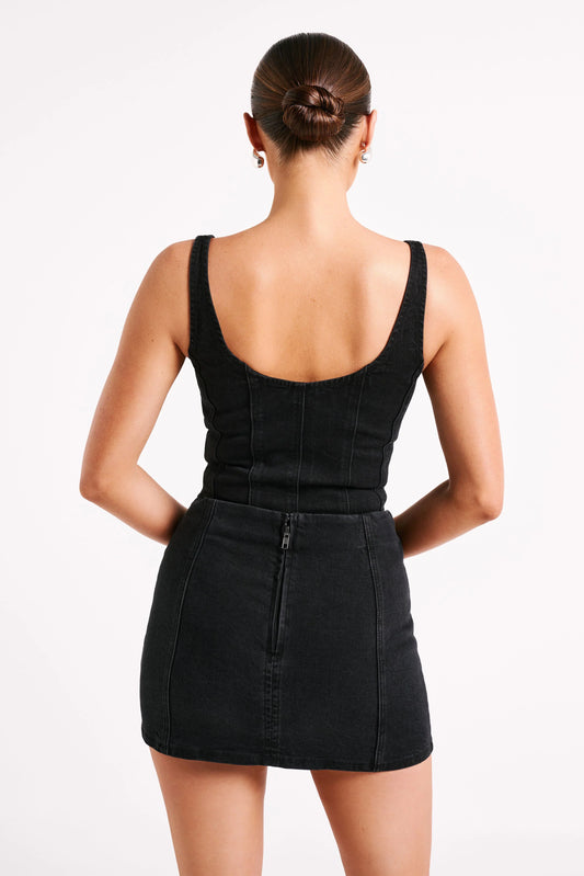 Corset Denim Top - Washed Black