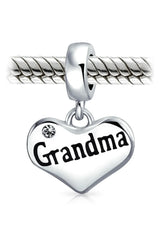 Grandma Mother Word Heart Shape Dangle Bead Charm Sterling Silver