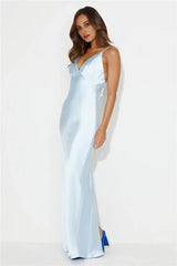 Nights Under Stars Satin Maxi Dress Light Blue