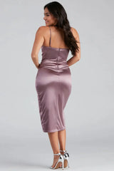 Formal Satin Wrap Midi Dress