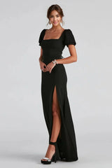 Formal Puff Sleeve Long Dress