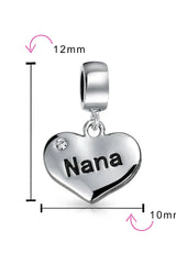 Grandma Mother Word Heart Shape Dangle Bead Charm Sterling Silver