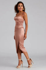 Formal Satin Wrap Midi Dress