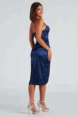 Formal Satin Wrap Midi Dress