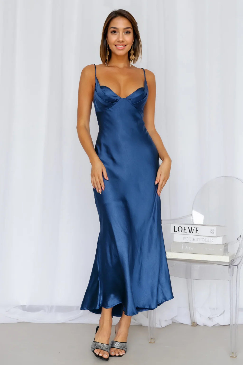 No Cloudy Skies Satin Maxi Dress Navy